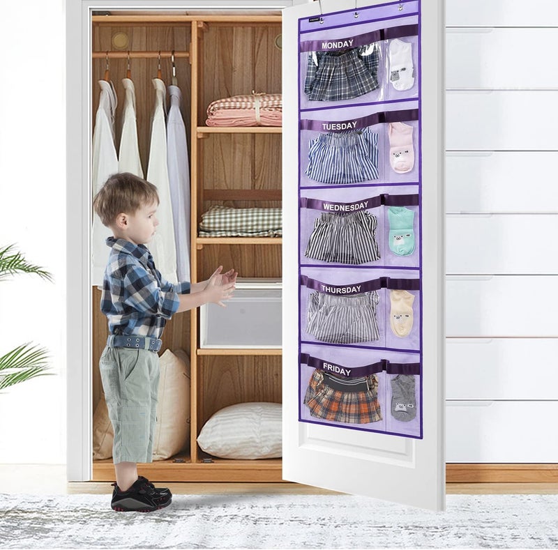 ANZORG Weekly Kids Clothes Organizer Day of Week School Clothing Storage Monday to Friday Hanging Closet Organizer (Purple) - Image 2